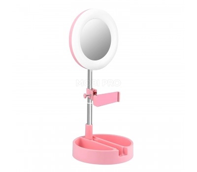 Кольцевая лампа - G3 настольная с зеркалом и держателем для телефона, 16 см (pink)