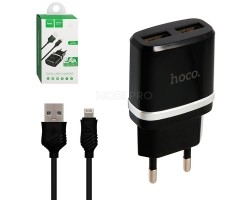 Сетевое зарядное устройство USB Hoco C12 (12W, 2 порта, кабель Lightning) Черный