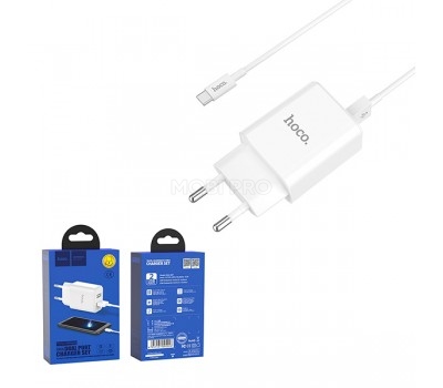 Сетевое зарядное устройство USB Hoco C62A (10.5W, 2 порта, кабель Type-C) Белый