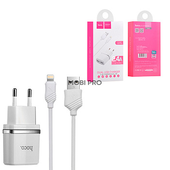 Сетевое зарядное устройство USB Hoco C12 (12W, 2 порта, кабель Lightning) Белый Сетевое зарядное устройство USB Hoco C12 (12W, 2 порта, кабель Lightning) Белый