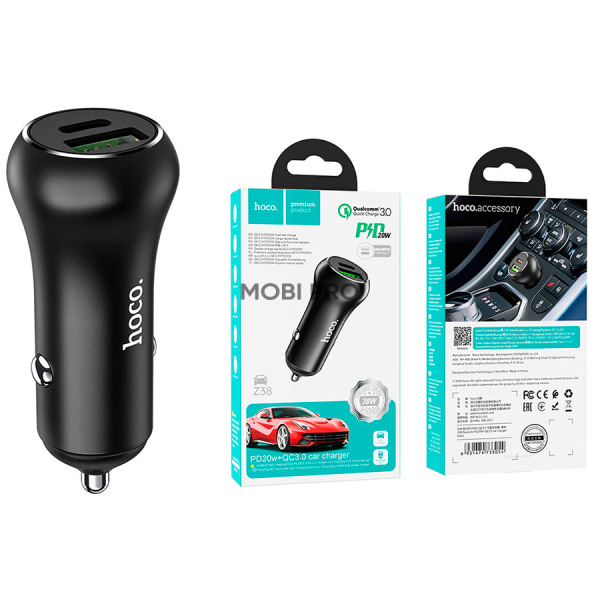 Автомобильное зарядное устройство USB/Type-C Hoco Z38 (20W, QC3.0, PD) Черный Автомобильное зарядное устройство USB/Type-C Hoco Z38 (20W, QC3.0, PD) Черный