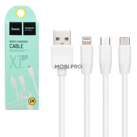 Кабель USB - 3 в 1 [iPhone + MicroUSB + Type-C] Hoco X1 (2.1A) Белый