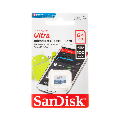 Карта памяти MicroSDHC 64GB Class 10 SanDisk Ultra Light UHS-I 100MB/s без адаптера