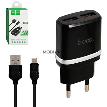 Сетевое зарядное устройство USB Hoco C12 (12W, 2 порта, кабель Lightning) Черный Сетевое зарядное устройство USB Hoco C12 (12W, 2 порта, кабель Lightning) Черный