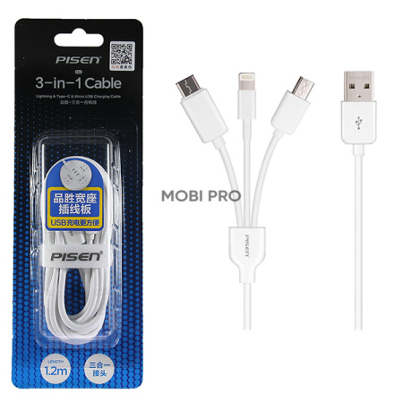 Кабель USB - 3 в 1 [iPhone + MicroUSB + Type-C] Pisen AP07 (1200 мм.) Белый