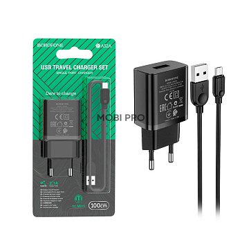 Сетевое зарядное устройство USB Borofone BA52A (10.5W, кабель MicroUSB) Черный Сетевое зарядное устройство USB Borofone BA52A (10.5W, кабель MicroUSB) Черный