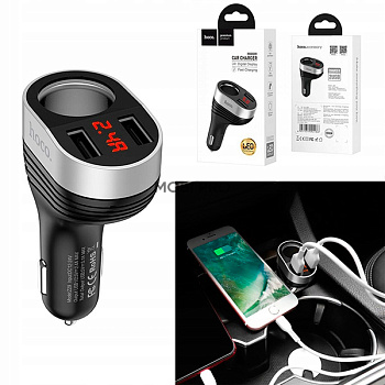 Автомобильное зарядное устройство USB Hoco Z29 (15.5W, 2 порта+12V розетка, с дисплеем) Черный